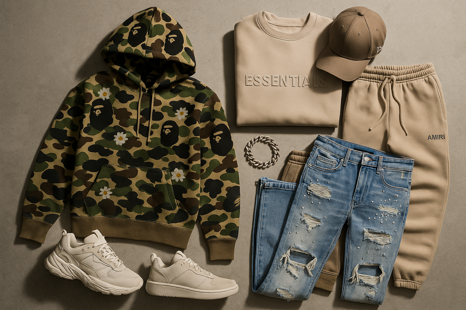 streetwear, bape, denim tears, essencials, amiri